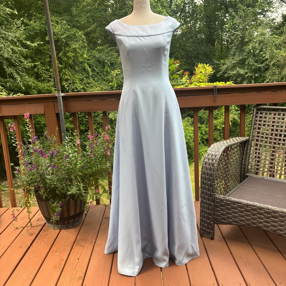 Vintage 1990s Alfred Angelo Union Made Light Blue Portrait Neck Prom Dress, M